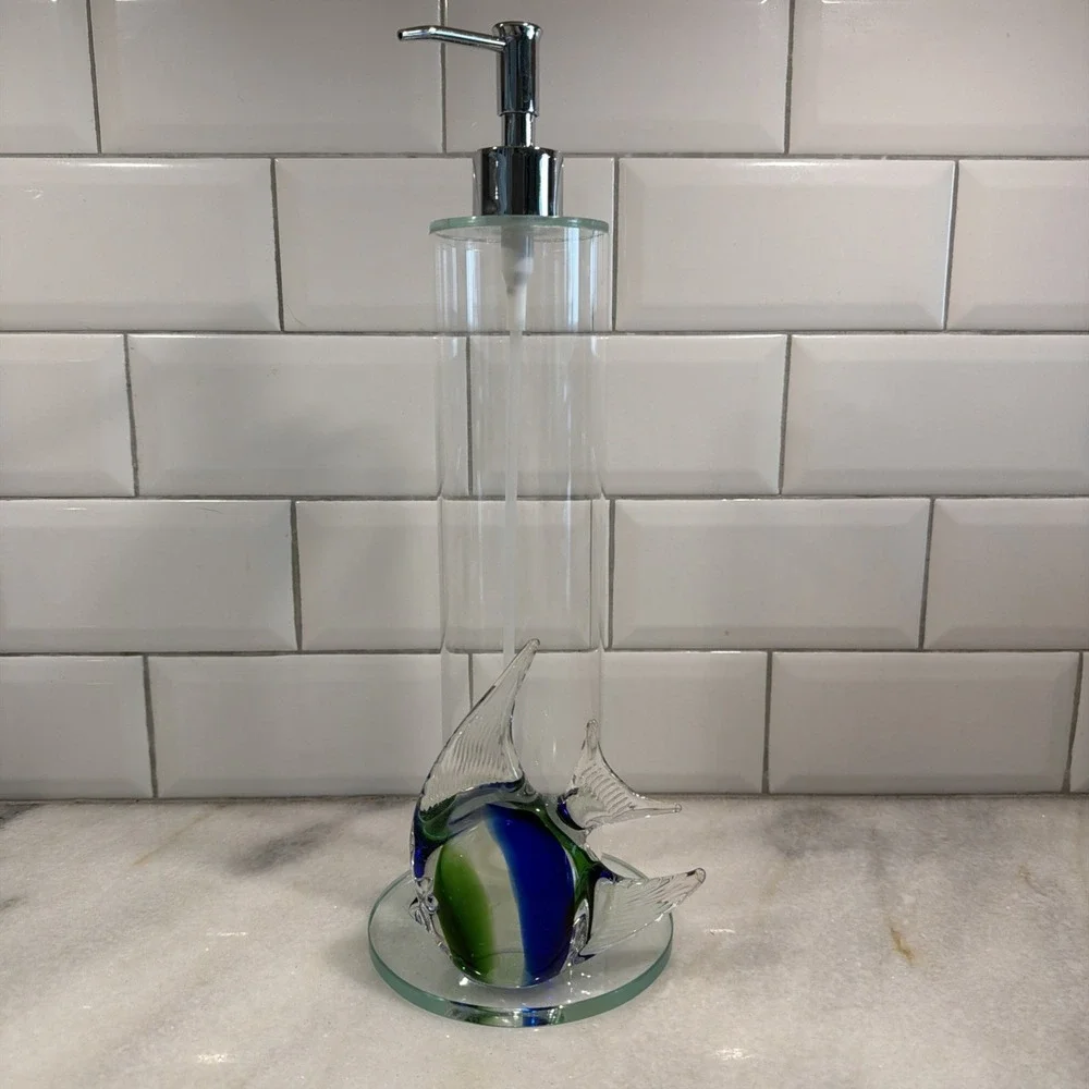 Unique Hand Blown Glass Fish Soap/lotion Clear Glass Dispenser Blue/green